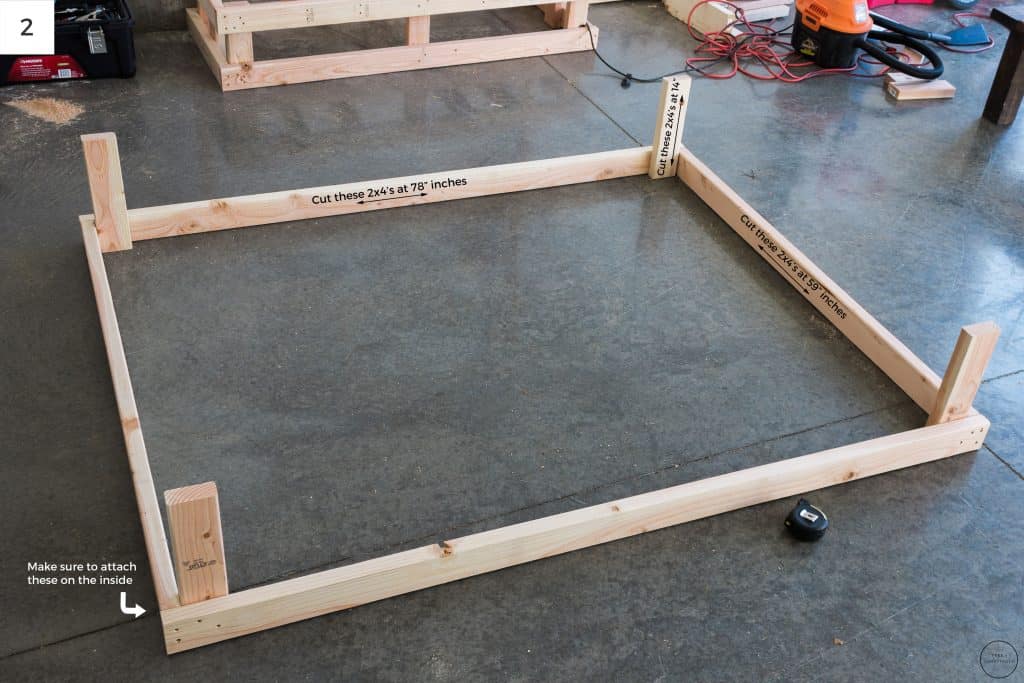 Attaching (2) 2x4's at 78" to (2) 2x4's at 59" creates a box that is 78" x 62". An additional 4 14" 2x4's were used to create the depth needed for the frame.