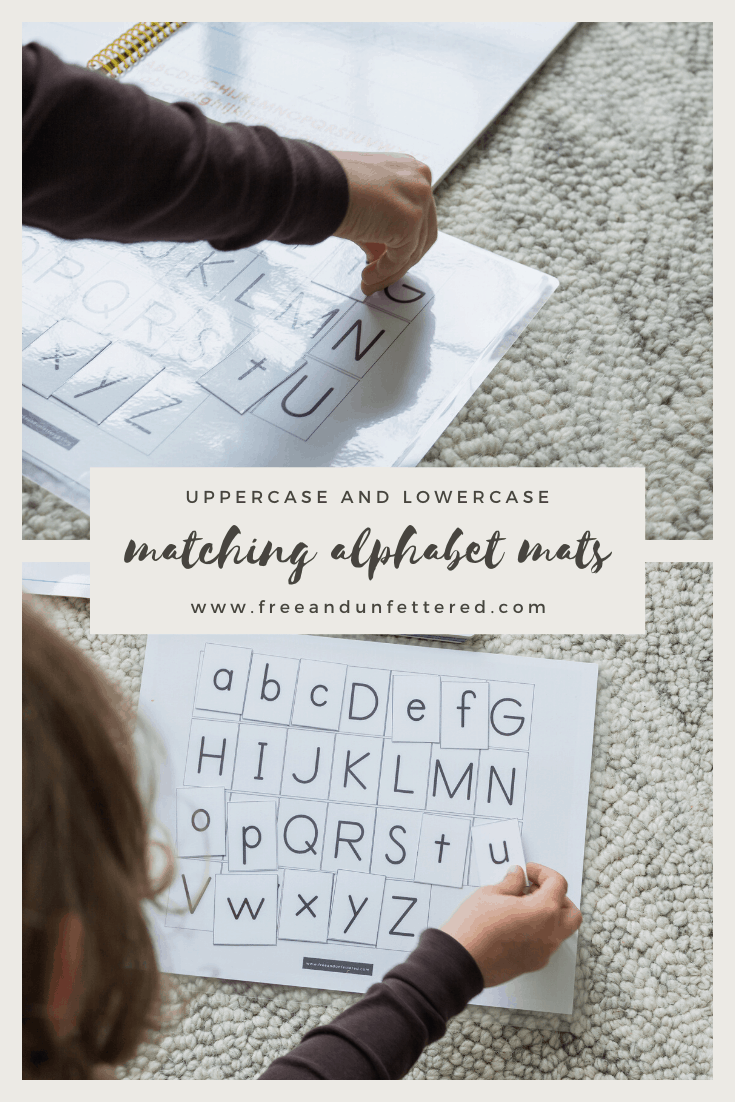 Increase your child's familiarity with the corresponding lowercase and uppercase letters of the alphabet with this simple matching work. It's available in both print and cursive for your convenience. Learn more about this free printable at www.freeandunfettered.com. #montessoriathome #montessorihomeschooling #ece #earlyliteracy