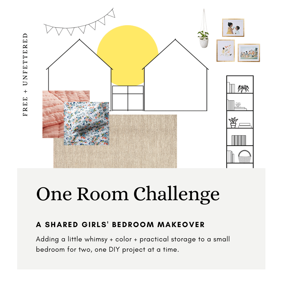 Join us as our family makes over our daughters' small shared bedroom, adding a bit of whimsy, color, and much needed practical storage as we participate in the Spring 2020 One Room Challenge! #montessoriathome #childfriendlydesign #designingwithkids