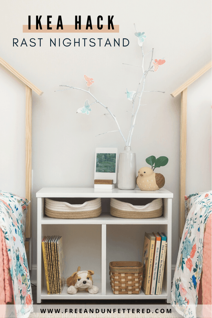 Looking to update IKEA's RAST nightstand? See how we were able to easily transform it with just a couple pieces of scrap wood and some leftover paint to make the perfect nightstand for a shared kids' bedroom! Learn more at www.freeandunfettered.com. #ikeahack #kidsbedroom #diyfurniture #sharedbedroom 