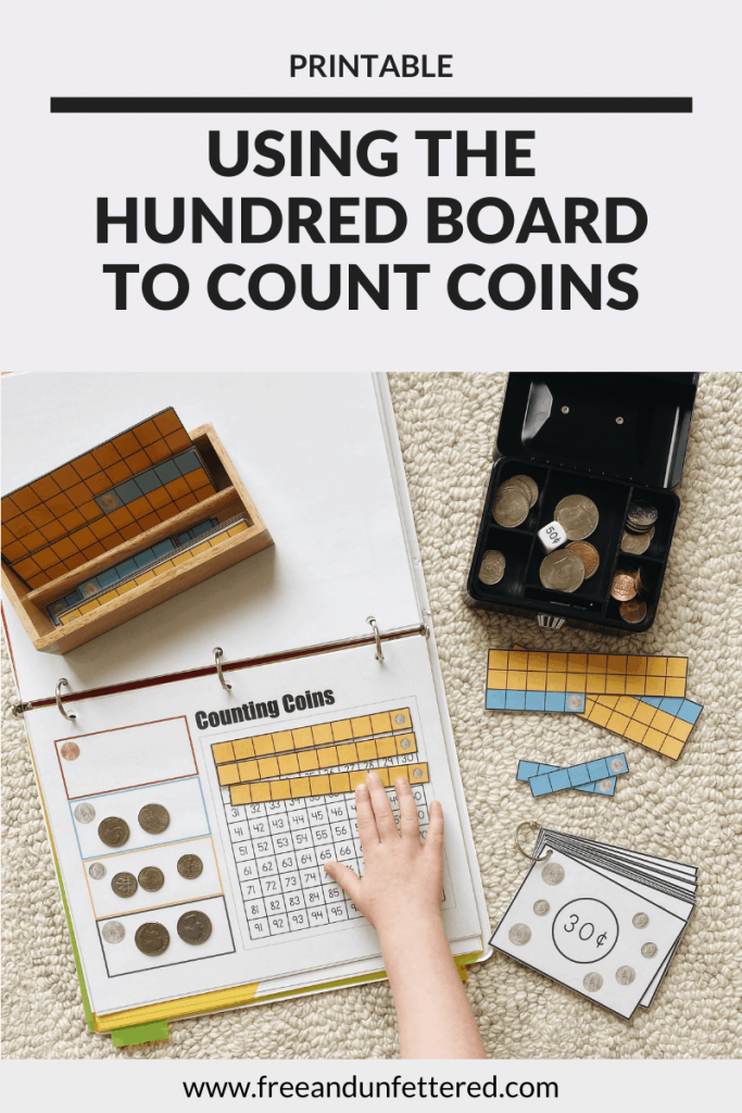 Help your children learn to count money using a hundred board and U.S. coin paper strips. Children can manipulate the strips to build target sums and discover how many of each type of coin fits into $1.00. Learn more about this counting coins activity as well as other resources to help kids practice money math skills by visiting www.freeandunfettered.com. #montessori #earlymath #mathisfun #mathactivity #firstgrade #secondgrade #handsonlearning