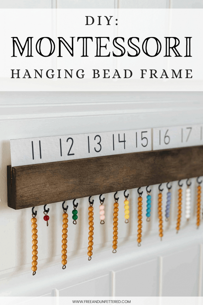 Learn how to easily build a wall-mounted Montessori teen hanging bead frame using scrap wood and some cup hooks. Visit www.freeandunfettered.com for the complete tutorial. #montessoriathome #montessorionabudget #montessorimath #montessorimaterials 