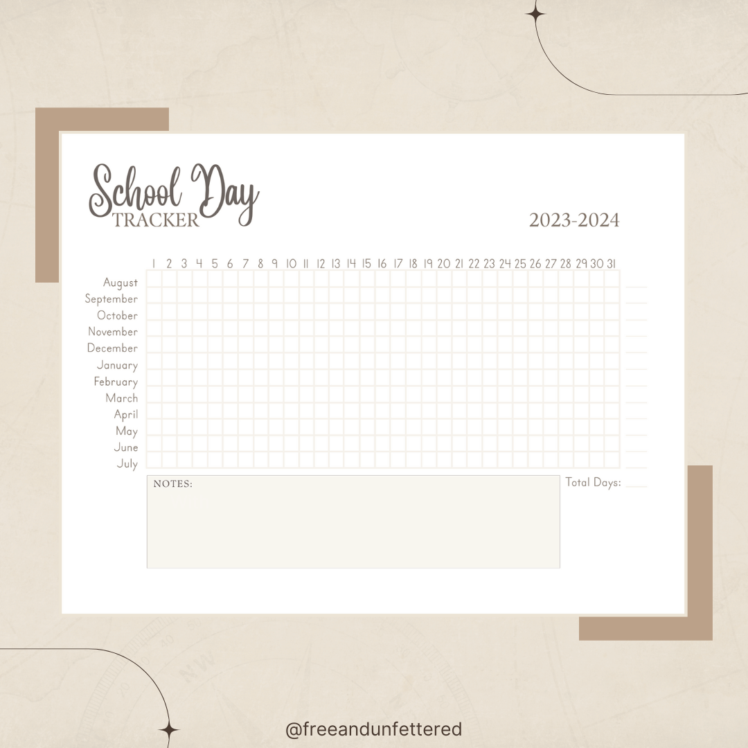 The printable 2023-2024 School Day Tracker provides an easy and convenient way for home educators to track the required number of school days each year. 