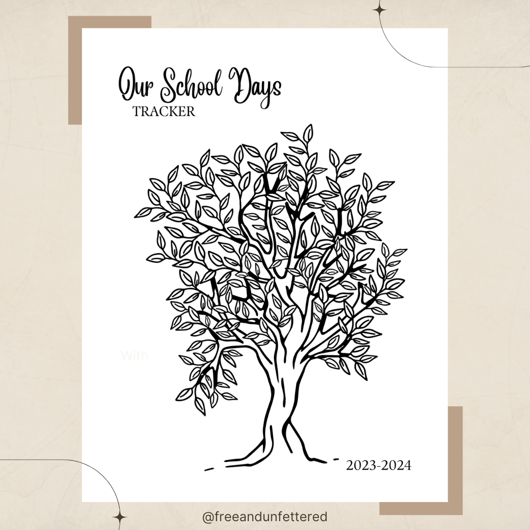 The printable 2023-2024 Our School Days tree tracker features 180 leaves. Children can color in a leaf for each school day. This works great for both public school and homeschooled children alike! 
