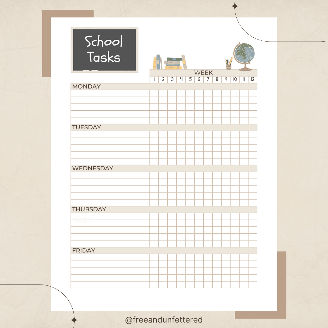 A weekly homeschool allows you to list up to five main subjects or learning goals for every day of the week. Set up in a trimester format, this one-page sheet helps everyone track learning goals for 12 weeks at a time. 