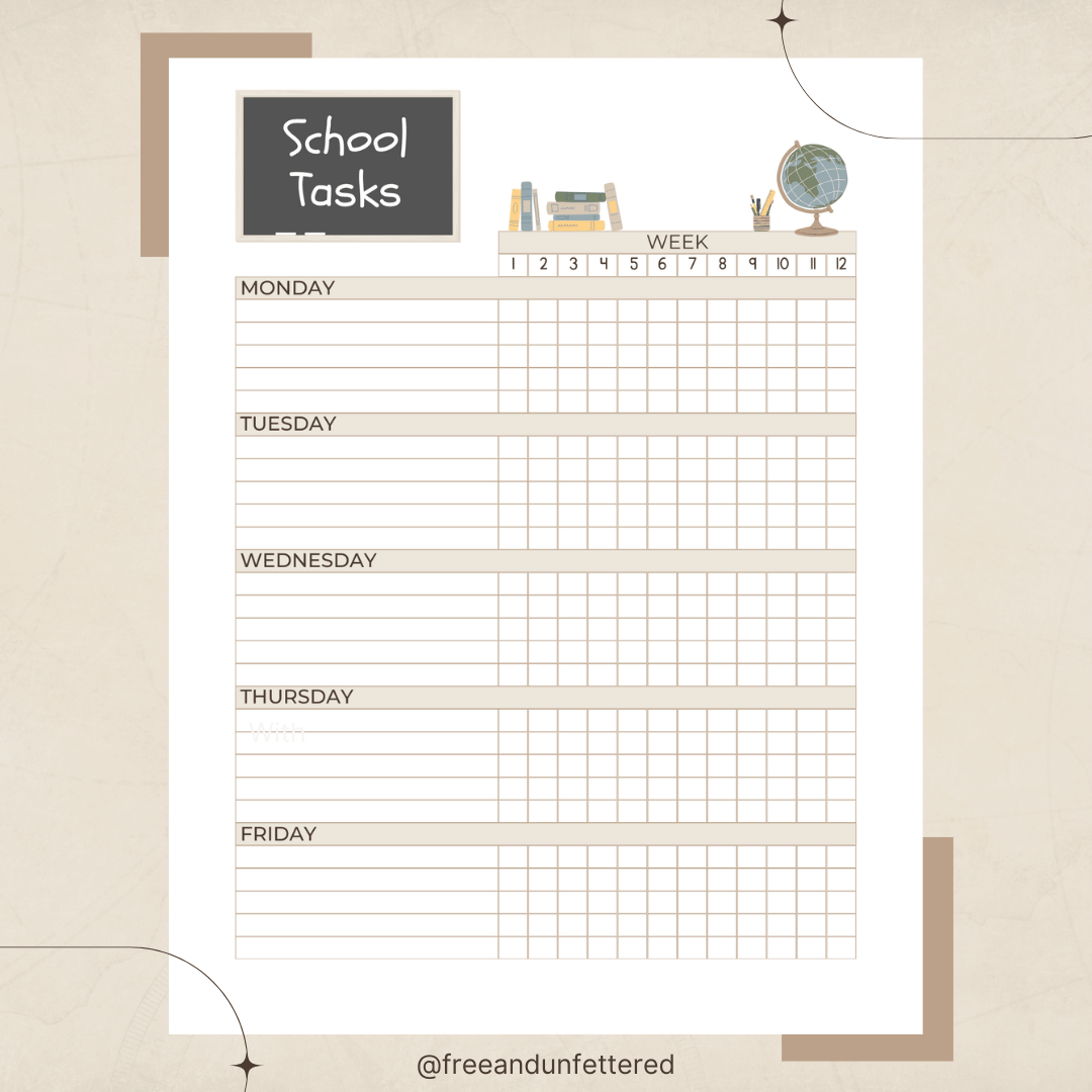 A weekly homeschool allows you to list up to five main subjects or learning goals for every day of the week. Set up in a trimester format, this one-page sheet helps everyone track learning goals for 12 weeks at a time.
