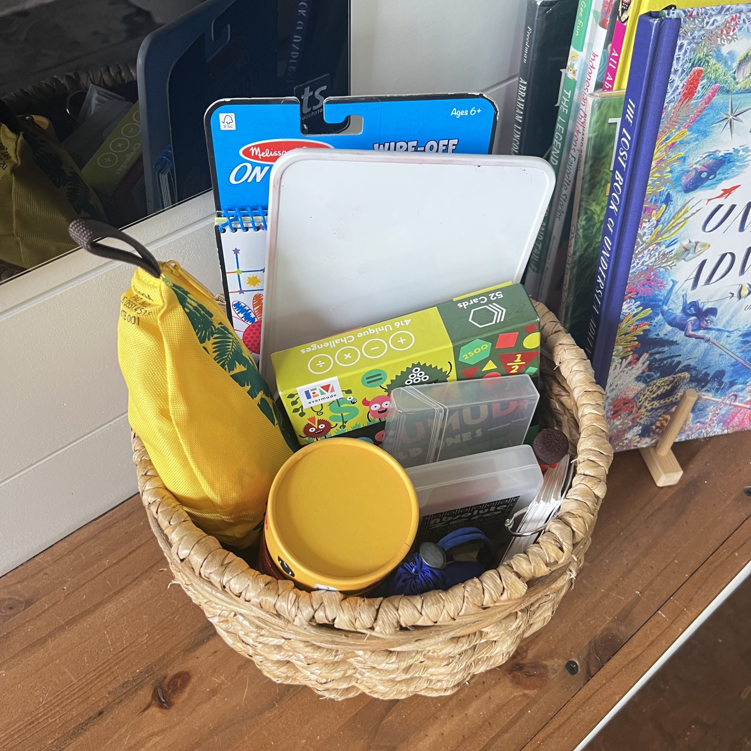 homeschool math basket with Adsumudi, PEMDice, Absolute Zero, and more